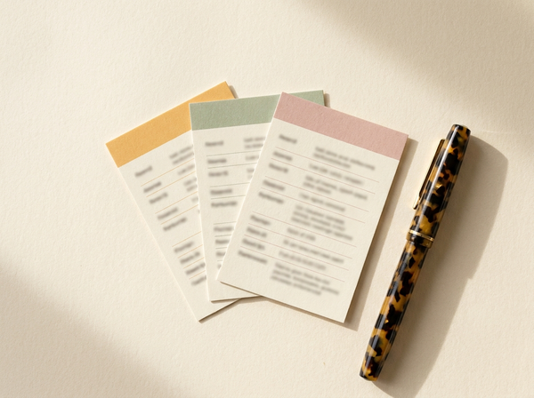 Model cheat-sheets fanned with pastel headers