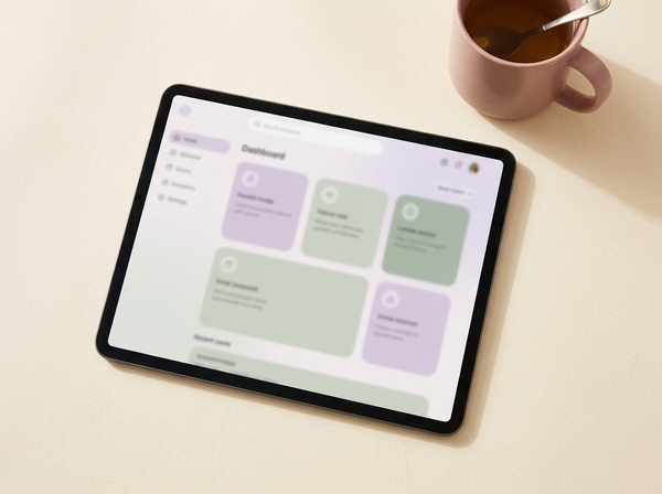 Notion script database on tablet with tea