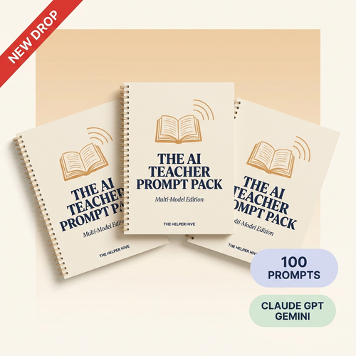 The AI Teacher Prompt Pack — workbook covers fanned on a warm cream surface with amber motif