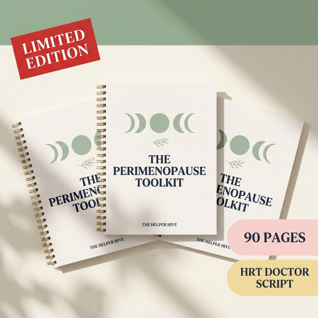 The Perimenopause Survival Toolkit — workbook covers fanned on a warm cream surface with sage motif