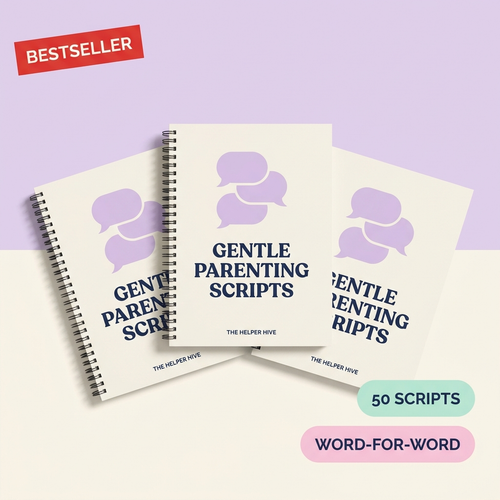 Gentle Parenting Scripts — workbook covers fanned on a warm cream surface with lavender motif