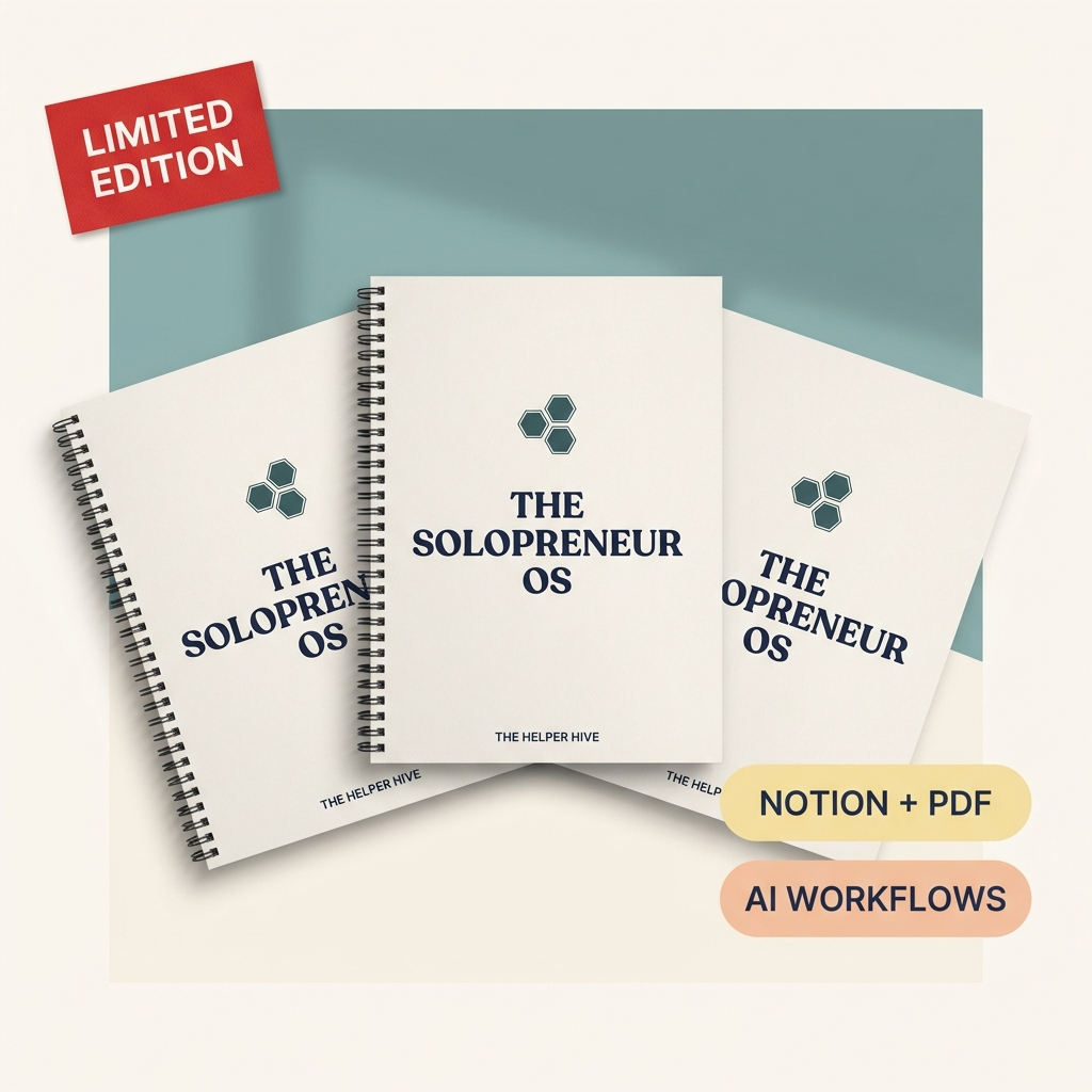 The Solopreneur OS for Female Founders — workbook covers fanned on a warm cream surface with deep teal honeycomb motif
