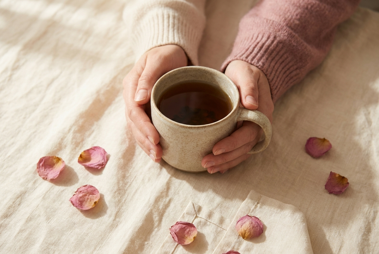 Hands cradling a warm ceramic mug on cream linen — Week 1 survival mode