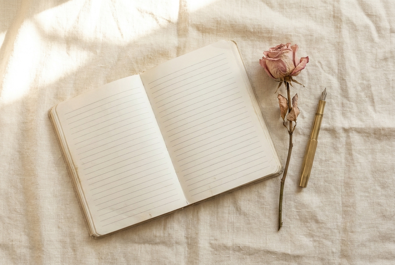Open journal with a dried rose on warm cream linen — Week 3 mental wellness