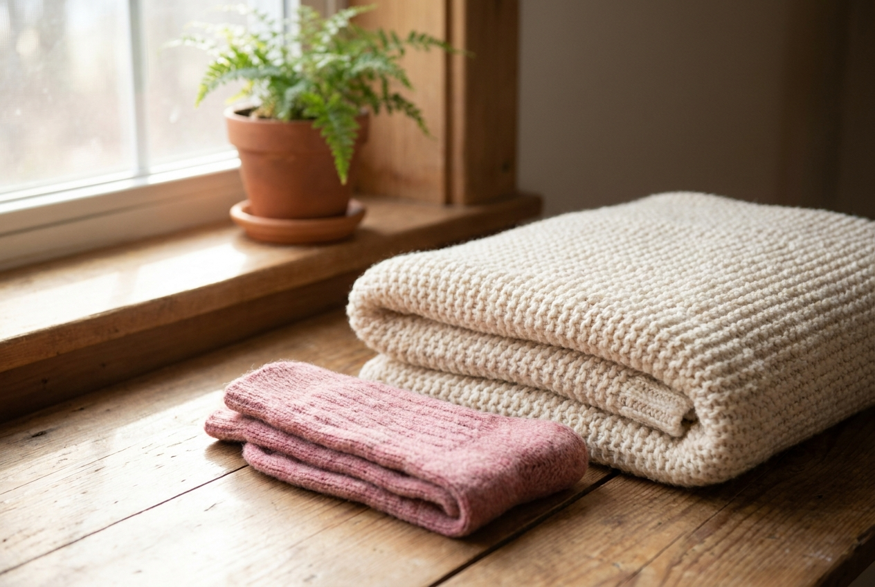 Folded cream blanket with soft pink wool socks on warm wood floor — Week 4 body recovery