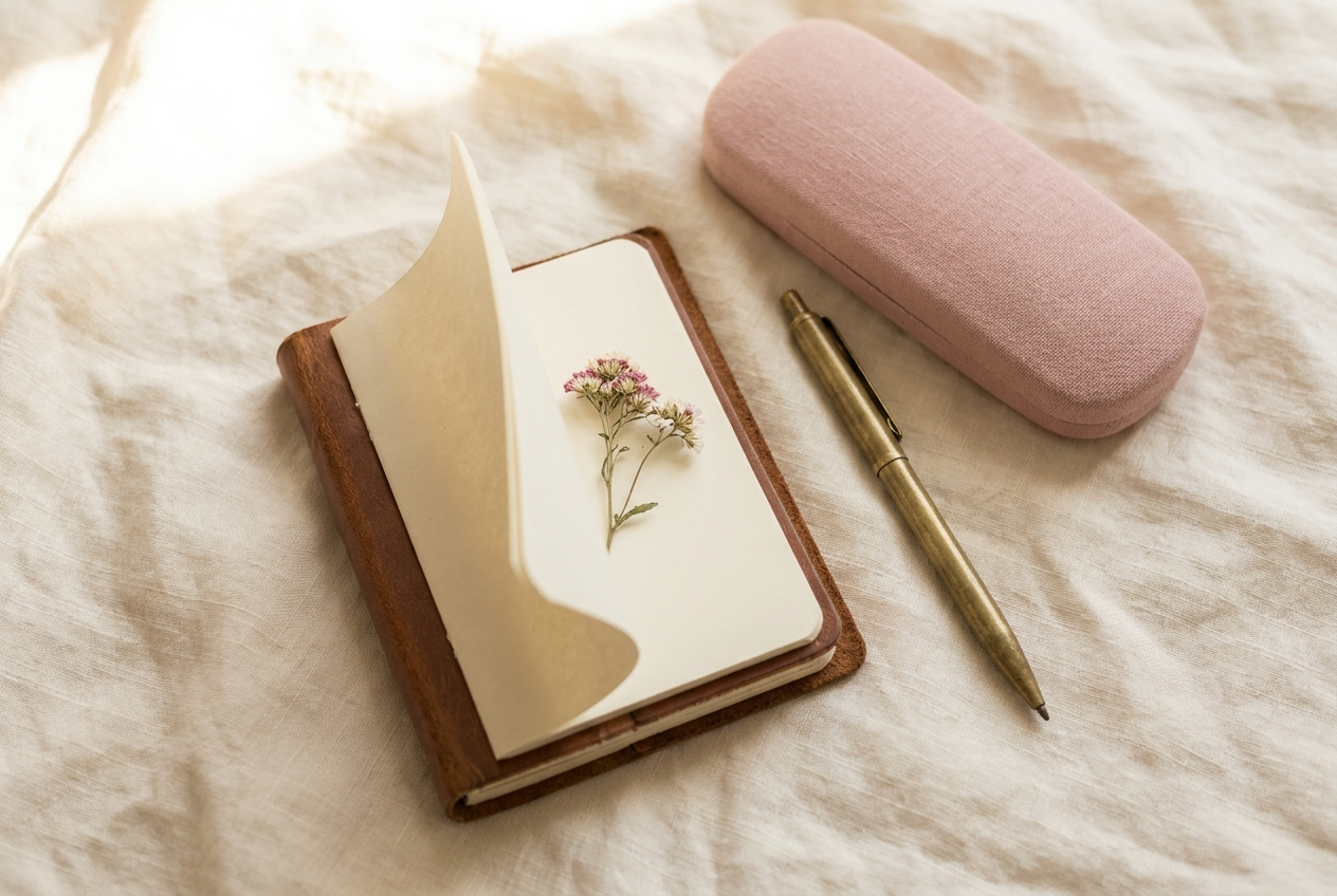 Leather notebook and brass pen with dried wildflower on cream linen — Week 6 appointment prep