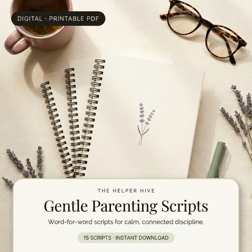 Gentle Parenting Scripts - hero: workbooks with glasses, tea and lavender on warm cream