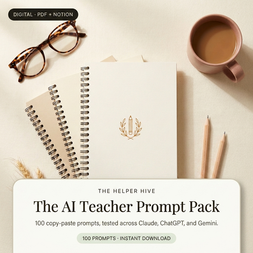 AI Teacher Prompt Pack - hero: workbooks with glasses, coffee and pencils on warm cream