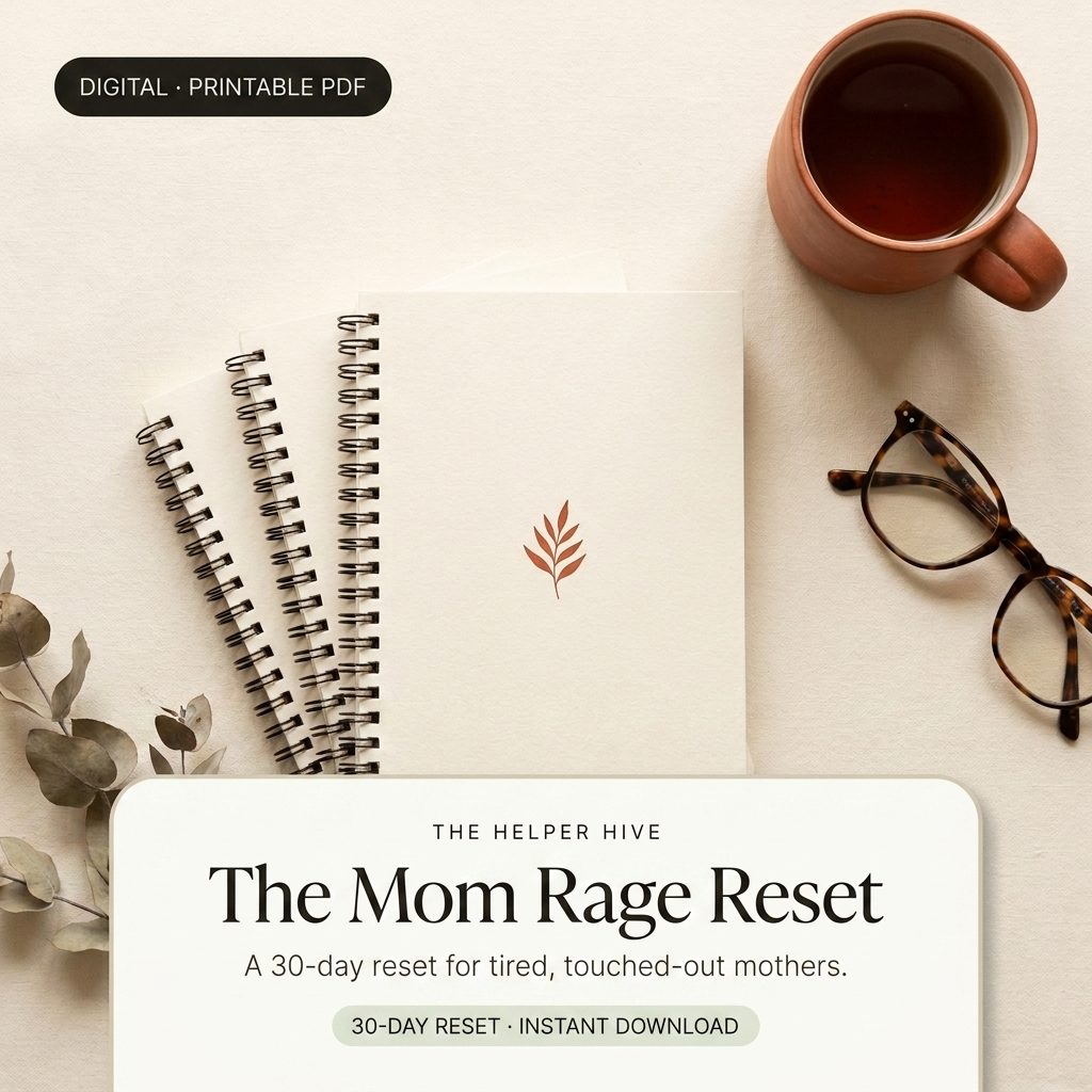 Mom Rage Reset - hero: workbooks with terracotta mug, glasses and eucalyptus on warm cream