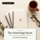 Mom Rage Reset - hero: workbooks with terracotta mug, glasses and eucalyptus on warm cream