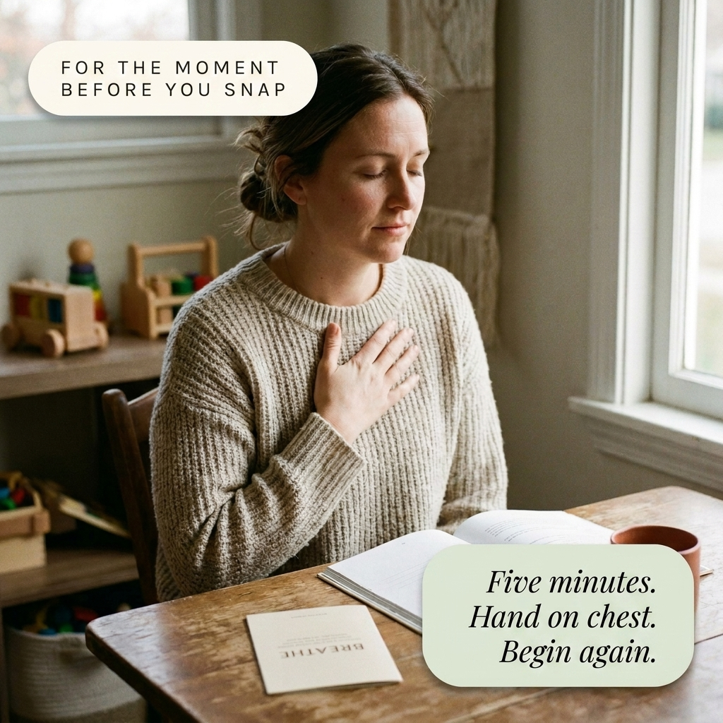 Mom Rage Reset - lifestyle: mother pausing with hand on chest at kitchen table