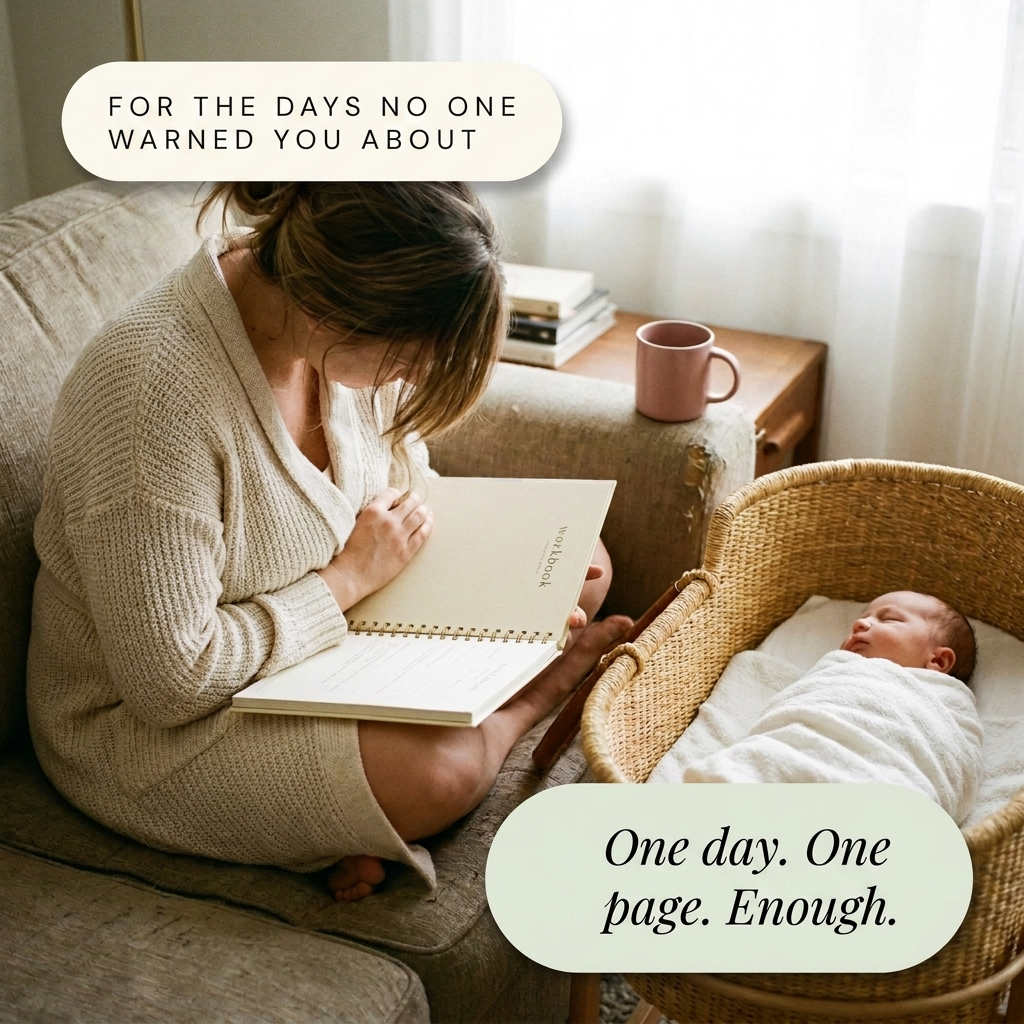 Postpartum Recovery Roadmap - lifestyle: resting mother reading beside sleeping newborn