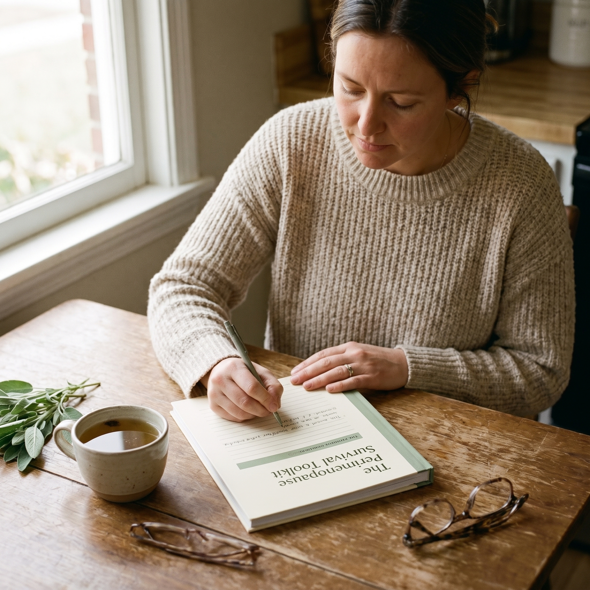 Perimenopause Toolkit - lifestyle: woman filling in tracker at kitchen table with tea