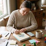ADHD Mom OS - lifestyle: mother writing in planner with timer phone at kitchen table