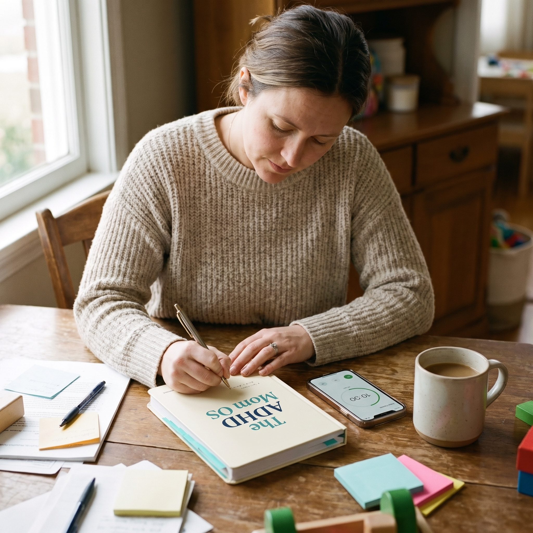 ADHD Mom OS - lifestyle: mother writing in planner with timer phone at kitchen table