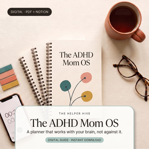 ADHD Mom OS - hero: planners with coffee and timer phone, title box on warm cream