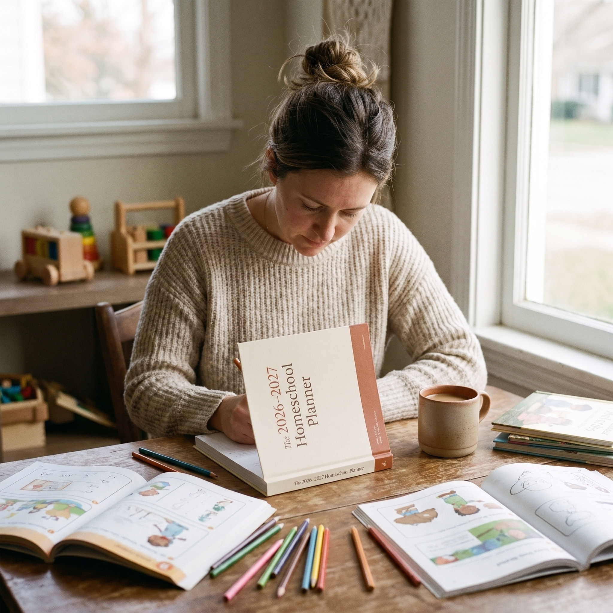 Homeschool Planner - lifestyle: mother planning at kitchen table with kids' workbooks