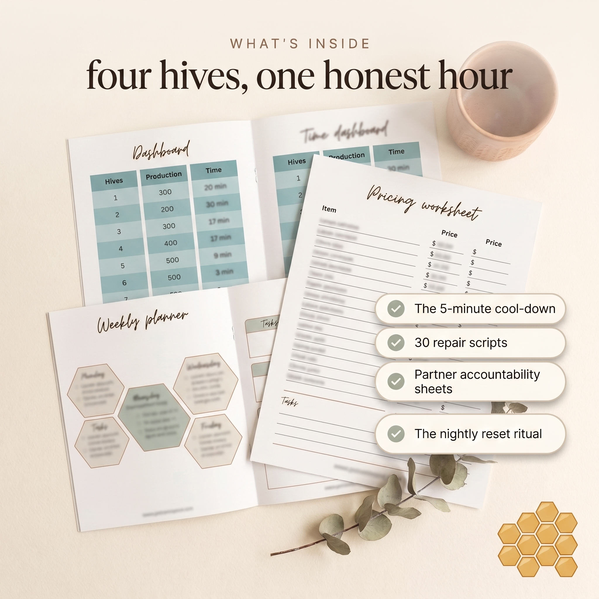 Solopreneur Playbook - what's inside: four hives, one honest hour