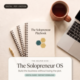 Solopreneur Playbook - hero: playbooks with coffee and laptop, title box on warm cream