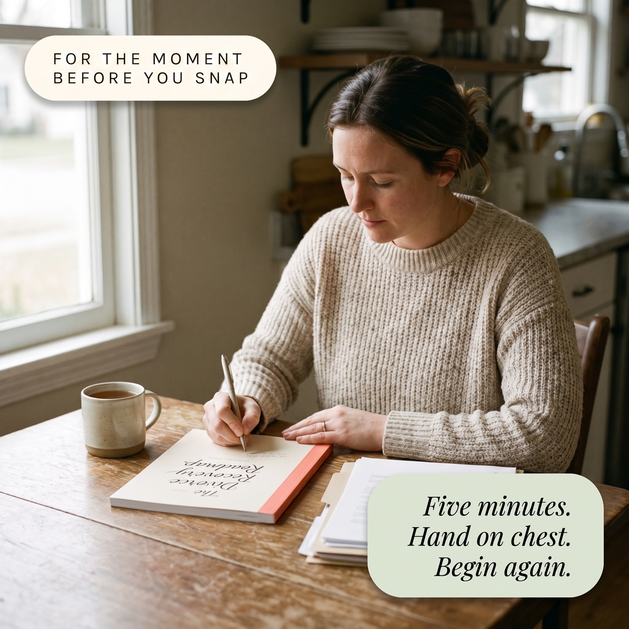 Divorce Recovery Roadmap - lifestyle: woman writing in workbook at kitchen table