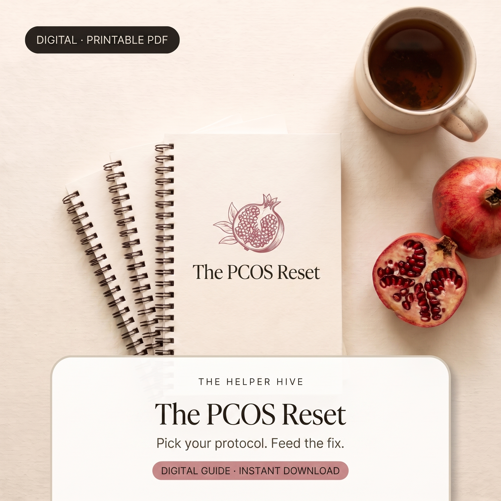 PCOS Reset - hero: workbooks with tea and pomegranates, title box on warm cream