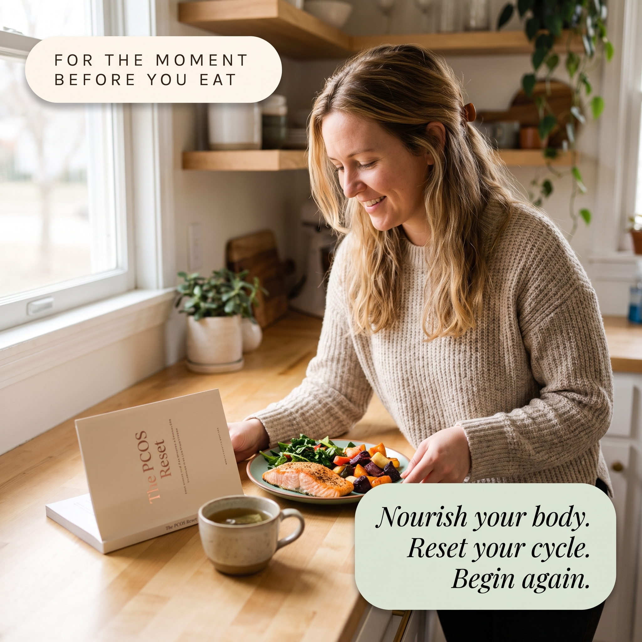 PCOS Reset - lifestyle: woman assembling colorful plate with workbook at kitchen counter