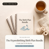 Birth Plan Bundle - hero: workbooks with tea, swaddle and booties, title box on warm cream