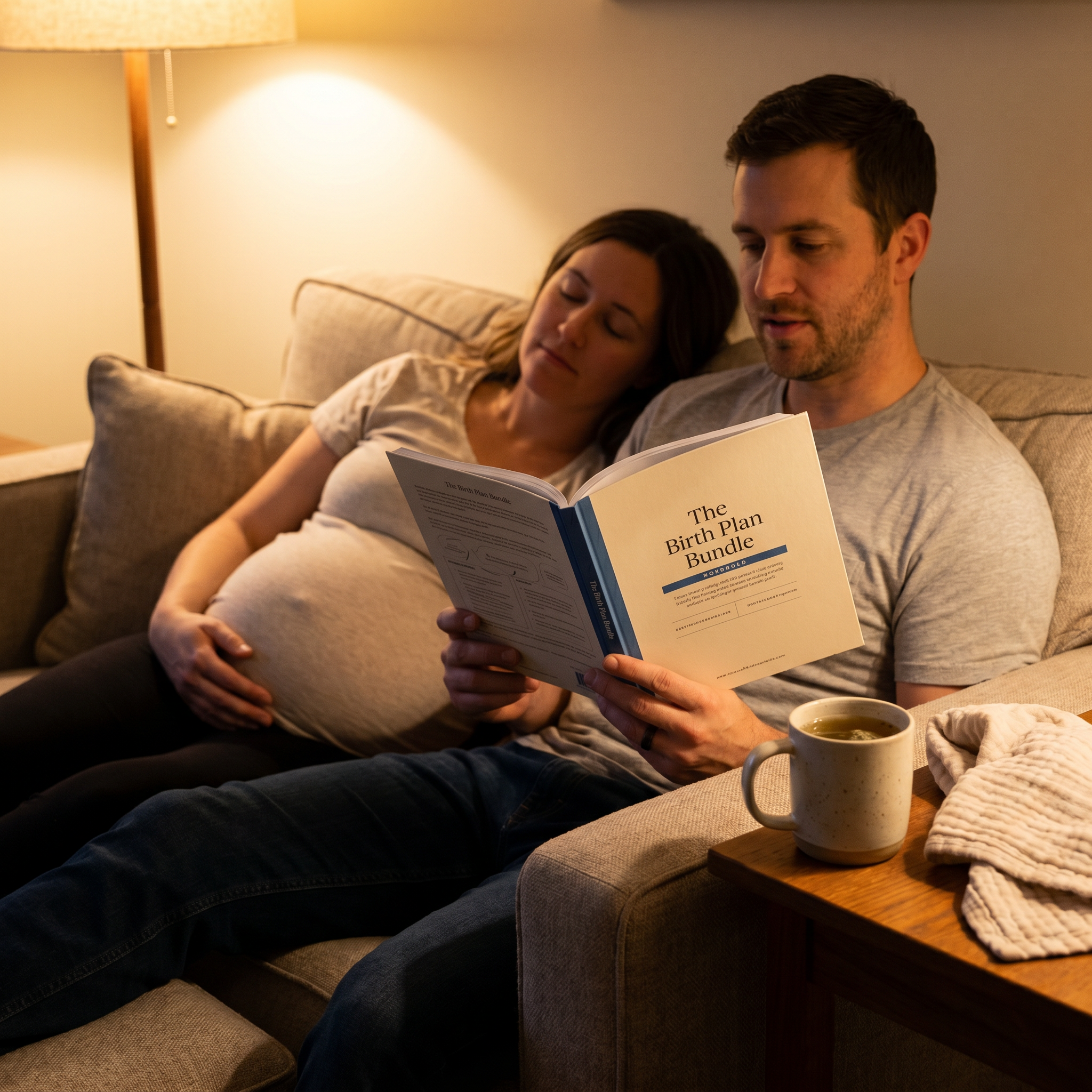 Birth Plan Bundle - lifestyle: partner reading script aloud in evening lamplight