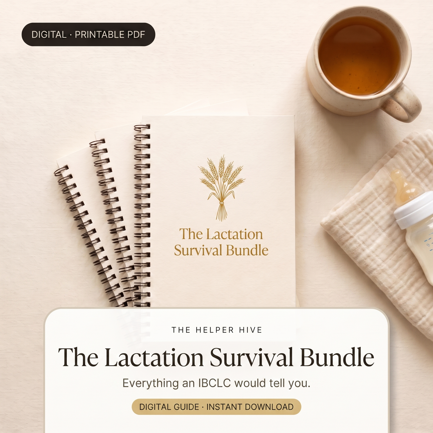 Lactation Bundle - hero: workbooks with tea, muslin and bottle, title box on warm cream