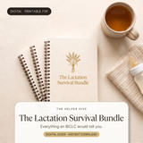 Lactation Bundle - hero: workbooks with tea, muslin and bottle, title box on warm cream
