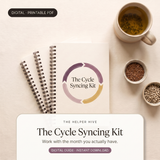 Cycle Syncing Kit - hero: workbooks with tea and seed bowls, title box on warm cream