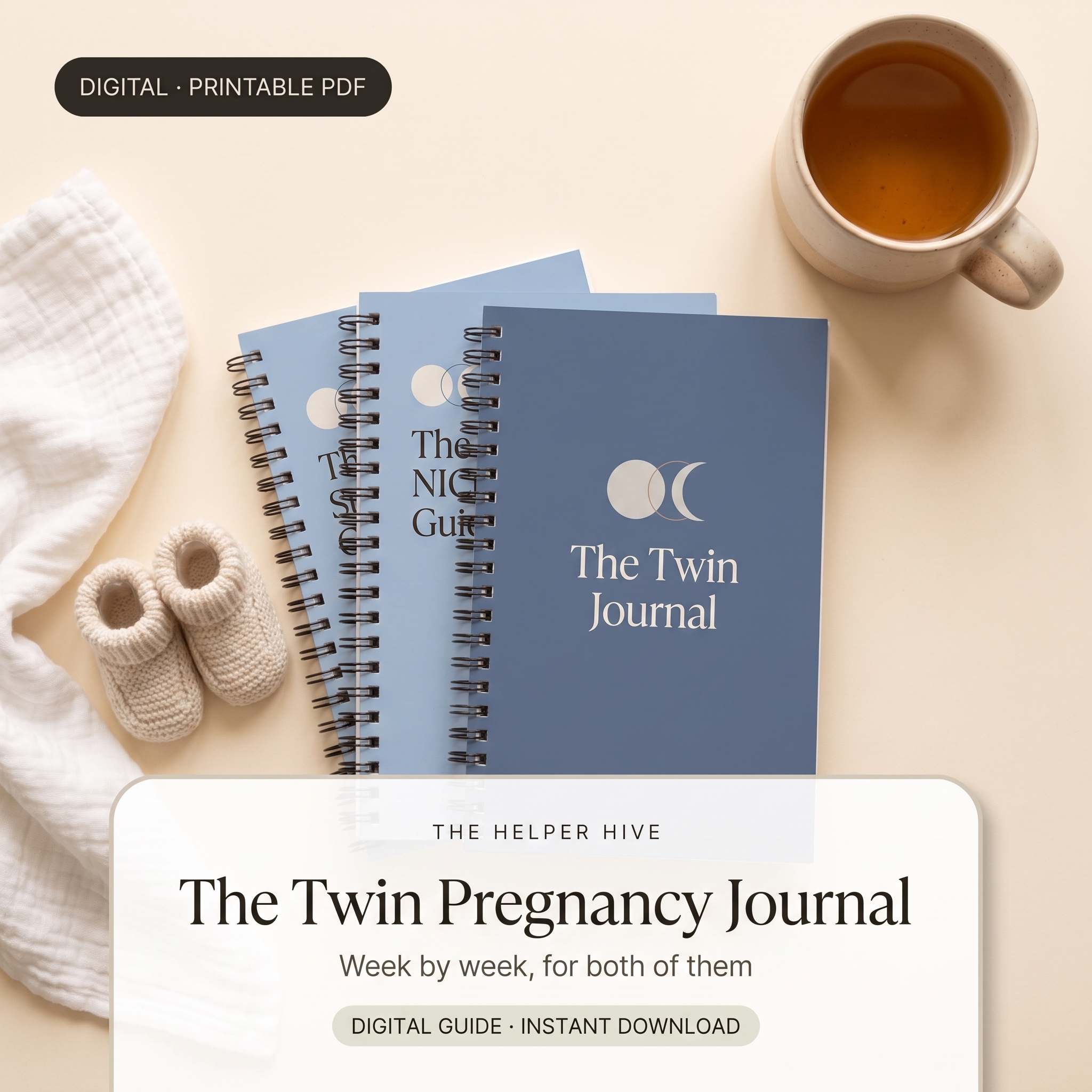 Twin Pregnancy Journal - hero: slate blue workbooks with booties and swaddle, title box on warm cream
