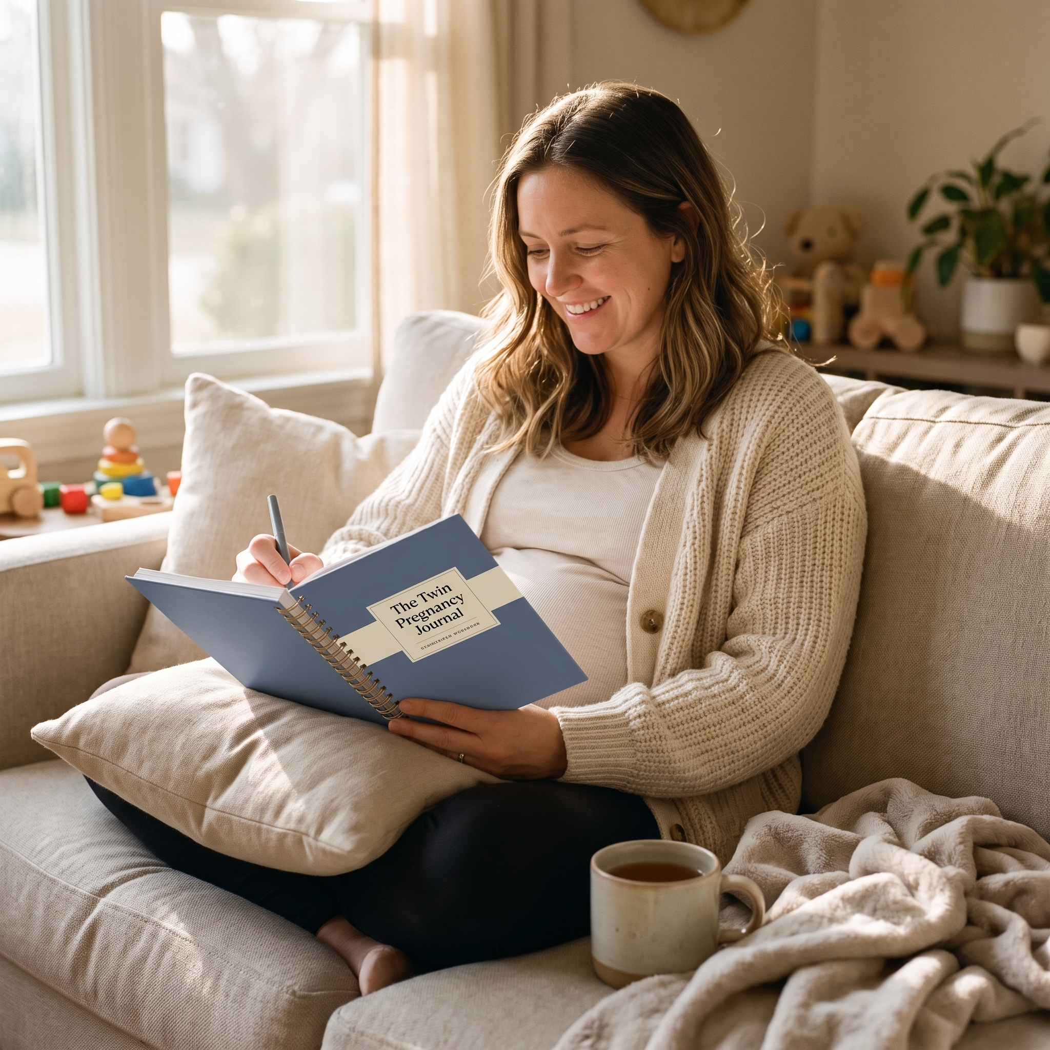 Twin Pregnancy Journal - lifestyle: expecting mother journaling on sofa