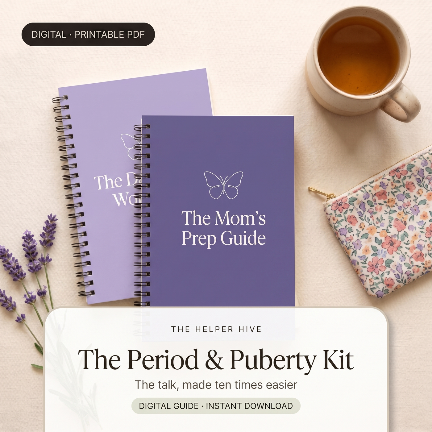 Period and Puberty Kit - hero: violet workbooks with pouch and lavender, title box on warm cream
