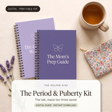 Period and Puberty Kit - hero: violet workbooks with pouch and lavender, title box on warm cream