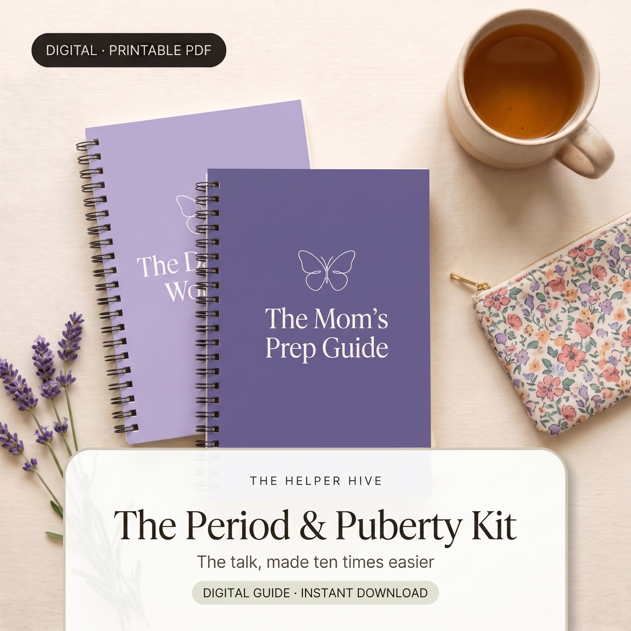 Period and Puberty Kit - hero: violet workbooks with pouch and lavender, title box on warm cream