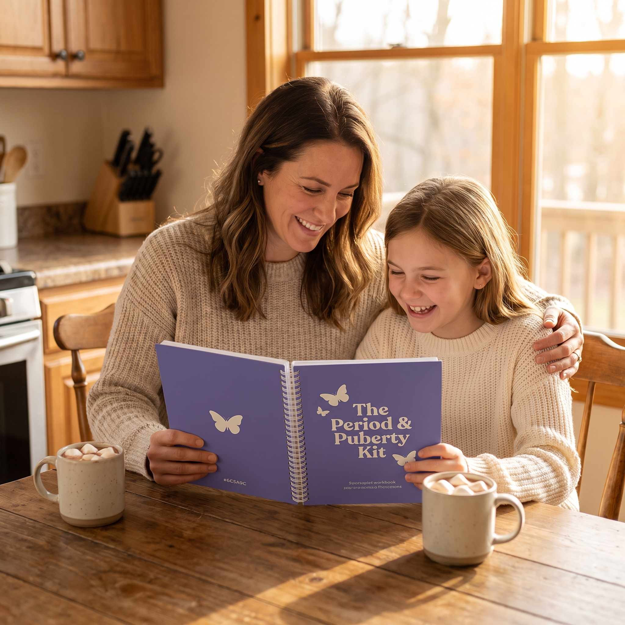 Period and Puberty Kit - lifestyle: mother and daughter at kitchen table with workbook