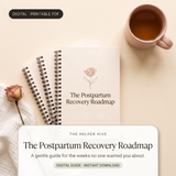 Postpartum Recovery Roadmap - hero: cream workbooks with pink mug, muslin and rose, reference-style white title panel with green pill