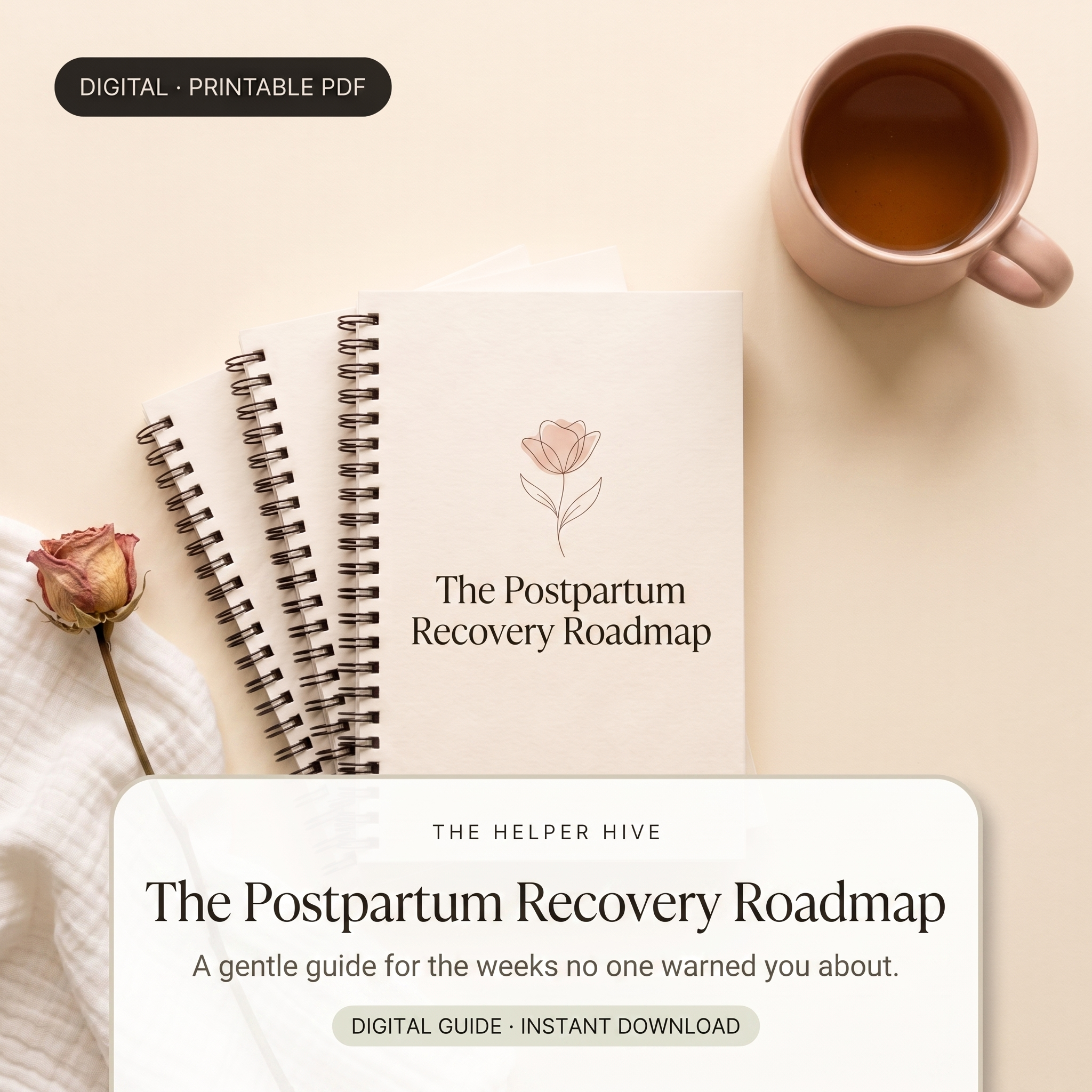 Postpartum Recovery Roadmap - hero: cream workbooks with pink mug, muslin and rose, reference-style white title panel with green pill